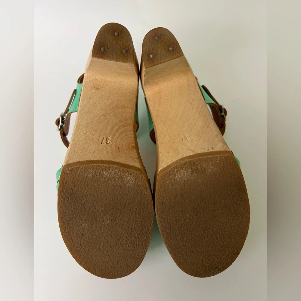 Swedish Hasbeens Mint Green Leather Platform Sandals